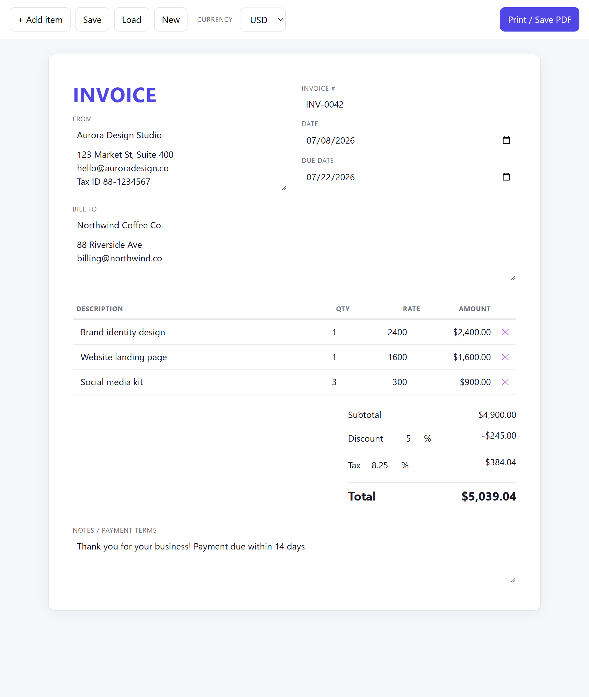 The InvoiceSnap editor showing a finished invoice from Aurora Design Studio to Northwind Coffee Co., totaling $5,039.04